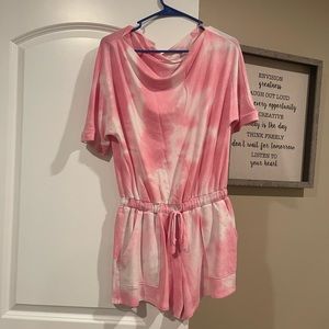 Pink and white off the shoulder romper size small
